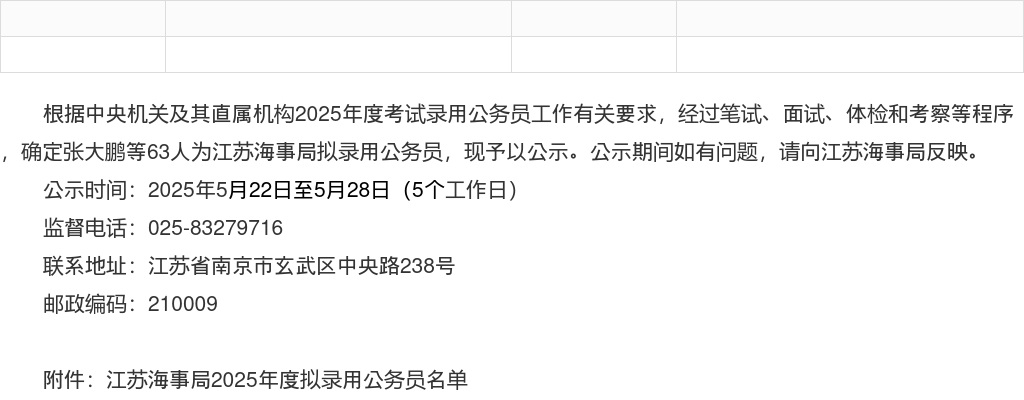 2025江苏海事局拟录用公务员公示公告                进入阅读模式 图片